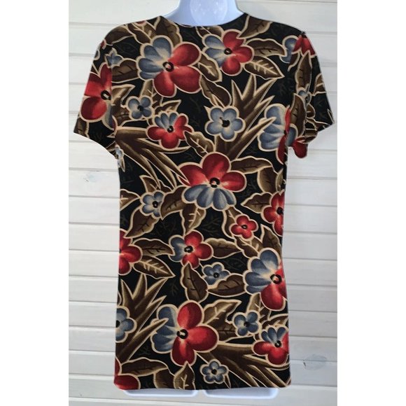 VTG Janana’s Sz ?? (See Meas) Red Khaki Floral Slinky Pullover Tunic Stretch EUC - Picture 5 of 8